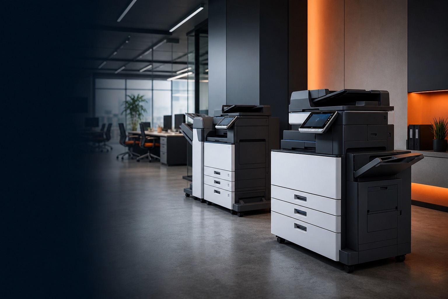 Business printer machines in a modern office environment