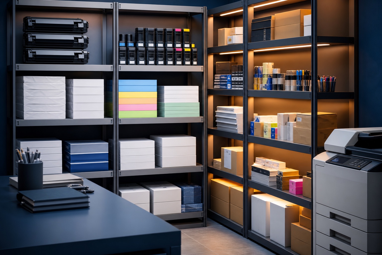 Office print supplies and consumables in organized storage