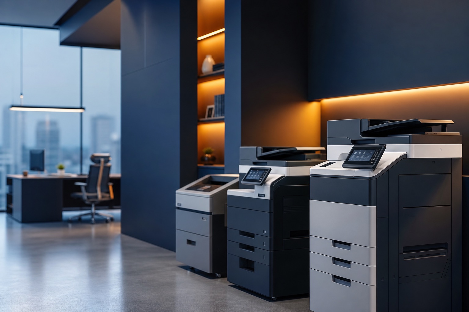 Business printer machines in a modern office print area