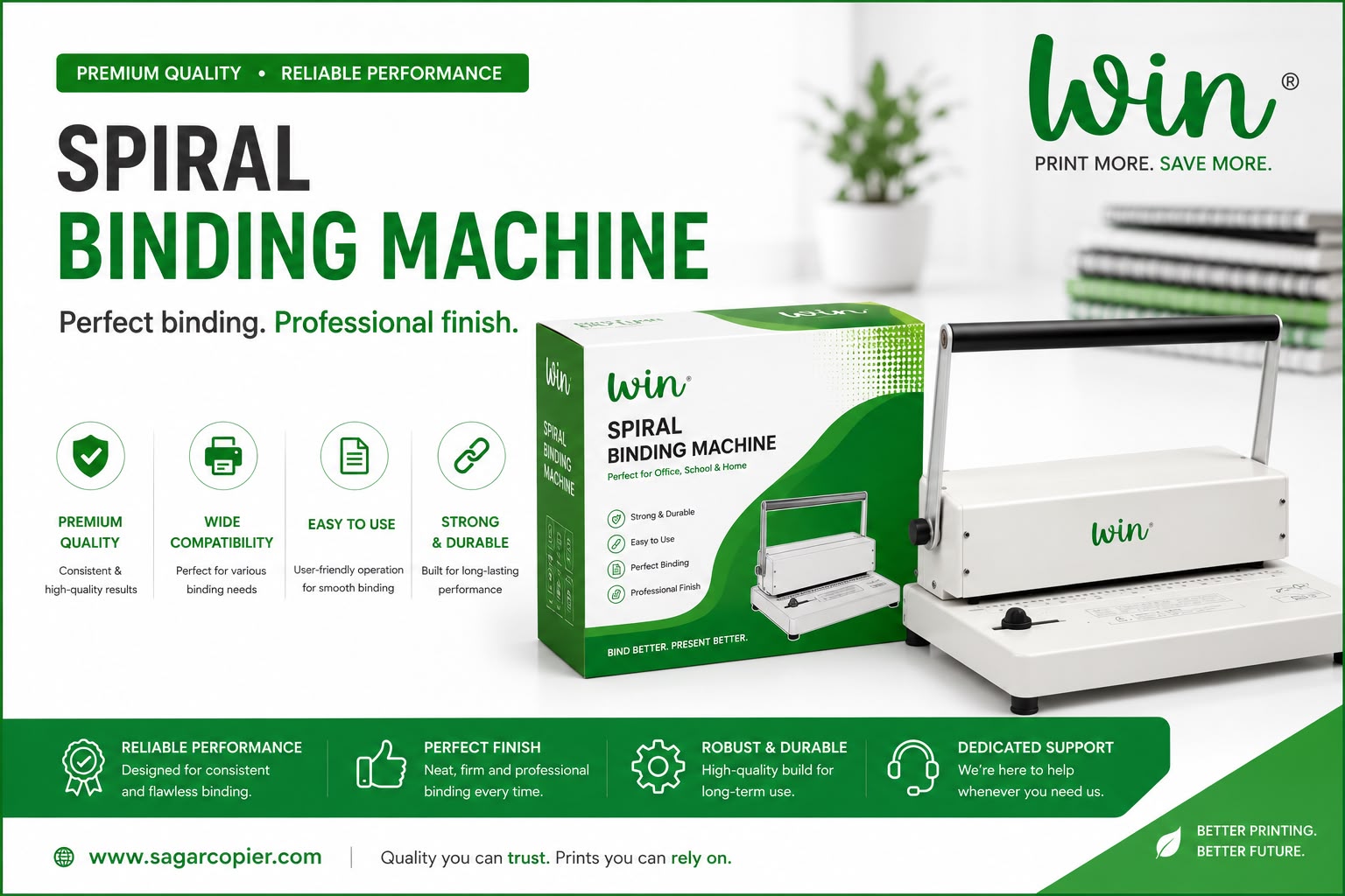 Win spiral binding machine with product box for office documentation