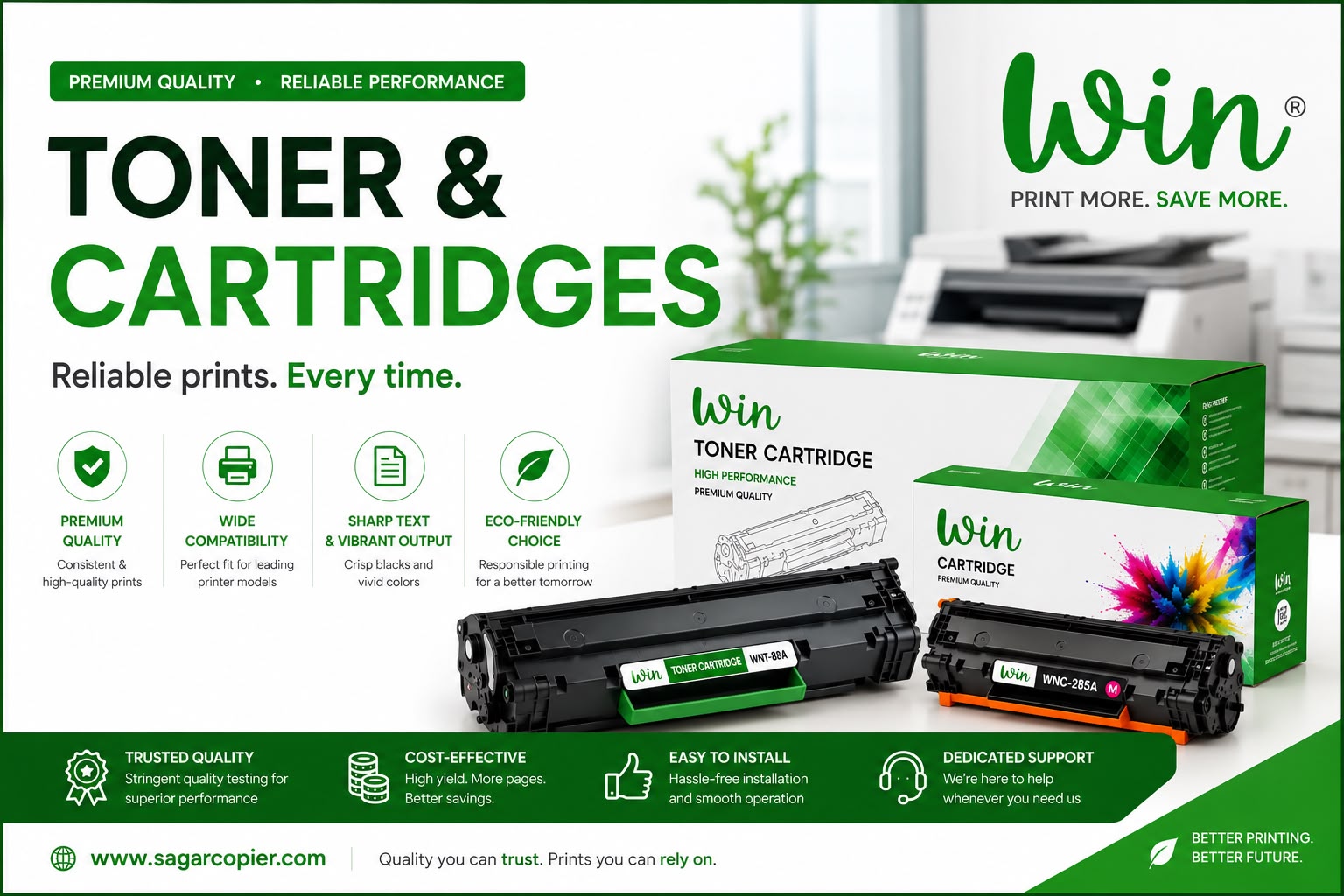Win toner and cartridge boxes for laser printers and copiers