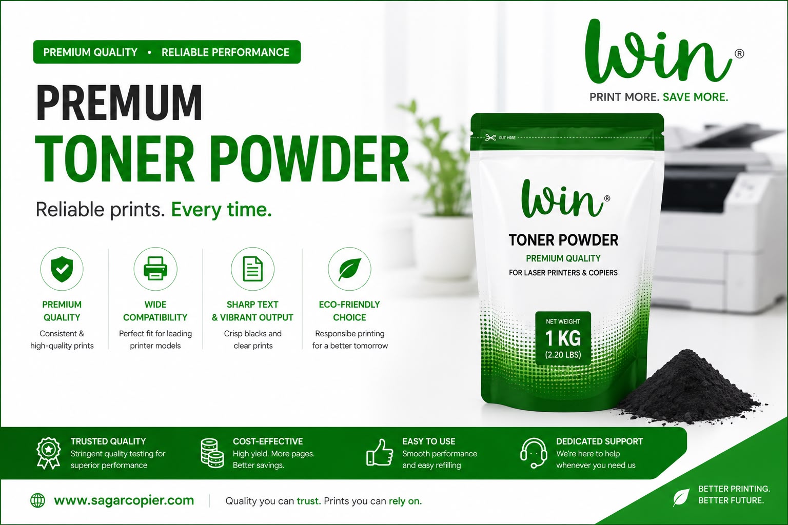 Win premium toner powder for laser printers and copiers