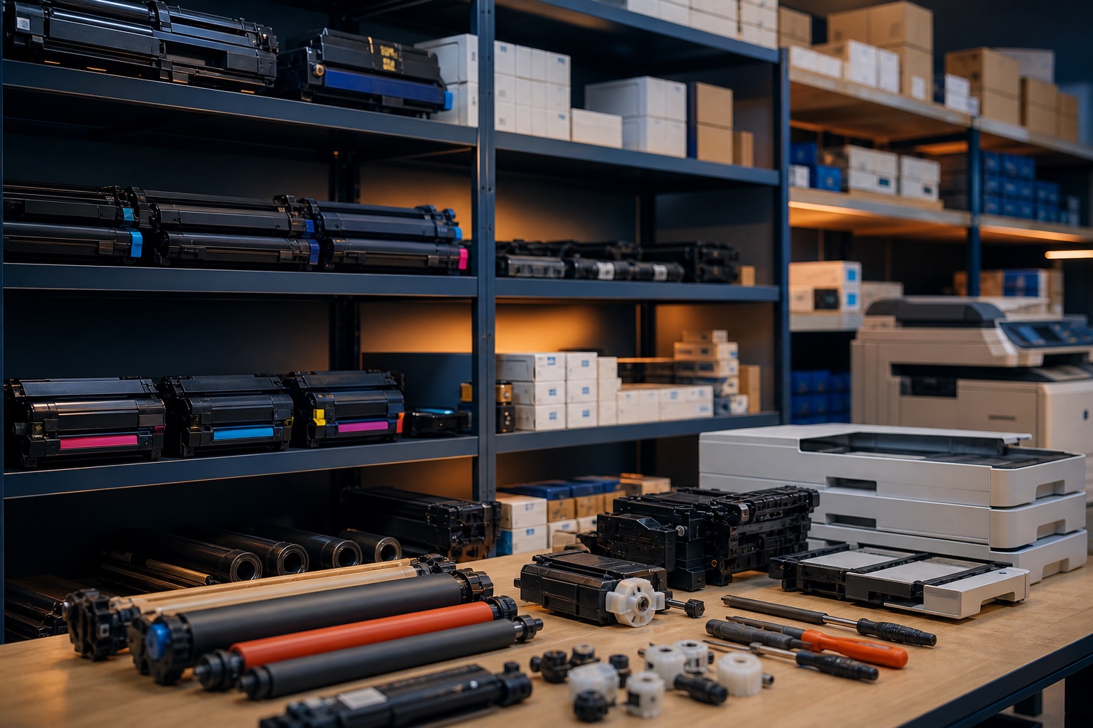 Copier supplies and spare parts organized in stock room
