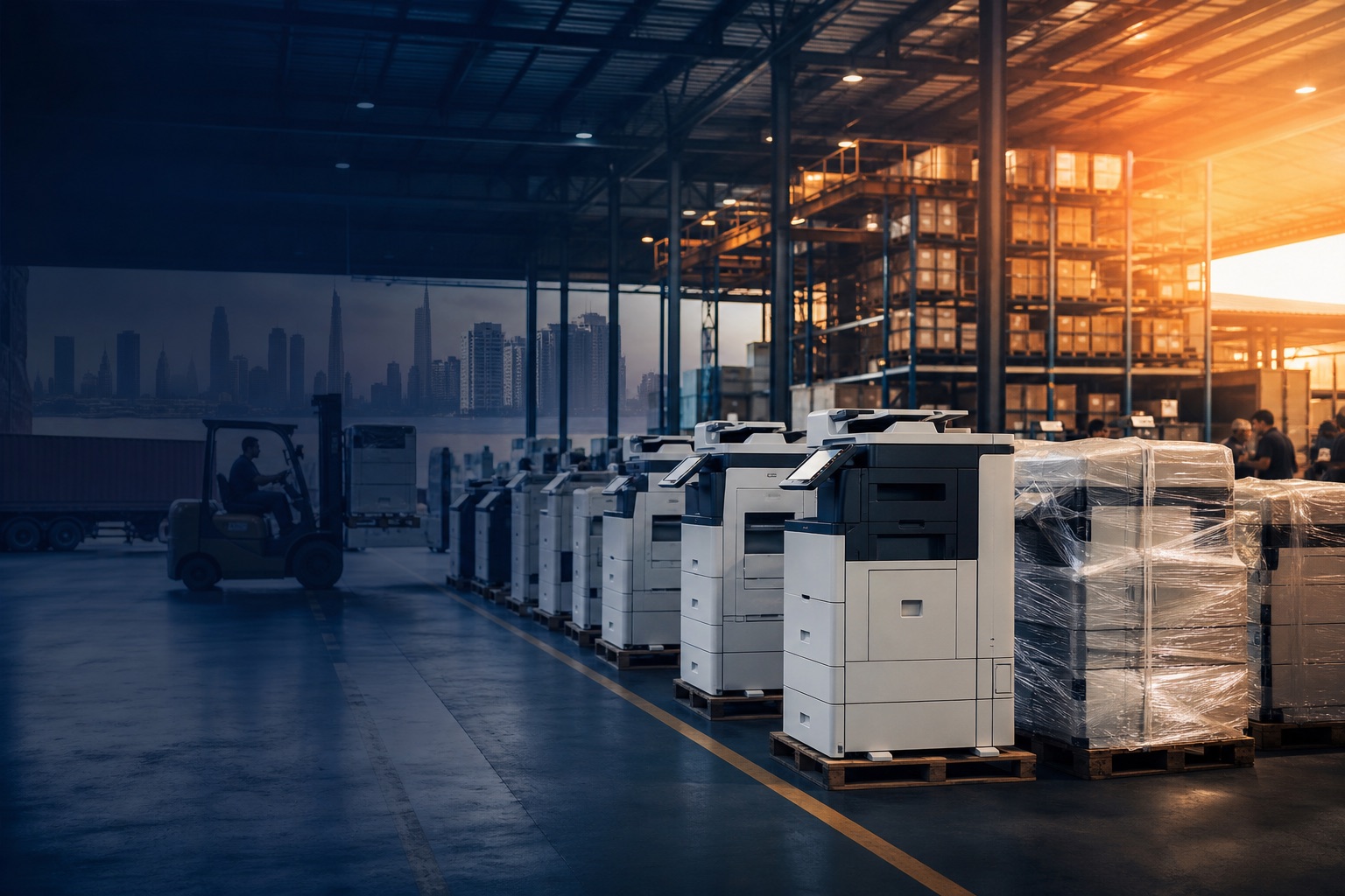 Refurbished copier machines prepared for dispatch in an organized warehouse