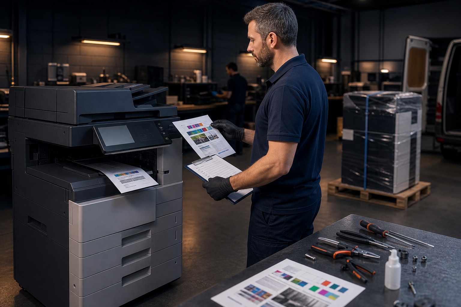 Technician inspecting refurbished copier quality workflow